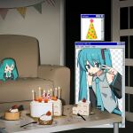  1girl 3d_background absurdres aqua_eyes aqua_hair aqua_necktie bare_shoulders birthday birthday_cake black_sleeves cake candle channel_(caststation) character_doll commentary confetti couch detached_sleeves doll fake_transparency food fork fruit fuwapuchi grey_shirt hair_ornament hat hatsune_miku headphones headset highres indoors long_hair looking_at_viewer microsoft_windows necktie party_hat plate pudding pudding_a_la_mode shirt shoulder_tattoo sitting sleeveless sleeveless_shirt solo strawberry strawberry_shortcake string_of_flags table tattoo twintails v v_over_eye very_long_hair vocaloid window_(computing) 