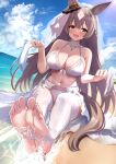  1girl :d animal_ears beach bikini braid breasts brown_eyes brown_hair cloud commentary_request commission day diamond_(shape) ear_ornament feet garter_belt herohero_(higashi_no_dou) high_heels holding holding_unworn_clothes holding_unworn_shoes horizon horse_ears horse_girl horse_tail large_breasts long_hair ocean open_mouth outdoors sarong satono_diamond_(umamusume) shoes sitting skeb_commission smile solo stirrup_legwear swimsuit tail thighhighs toeless_legwear umamusume unworn_shoes veil very_long_hair water white_bikini white_sarong white_shoes white_thighhighs white_veil 