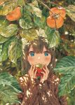  1girl blue_eyes blush bob_cut brown_hair commentary_request food frilled_hairband frills fruit hairband highres holding holding_food holding_fruit maeya_susumu maid maid-san_wa_taberu_dake maid_headdress smile solo suzume_(maid-san_wa_taberu_dake) sweater 