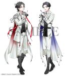  2boys :d aiguillette arm_behind_back ascot belt black_belt black_boots black_gloves black_hair black_jacket black_vest boots brooch buttons cape closed_mouth coat collared_coat collared_shirt commentary_request copyright_notice corset double-breasted epaulettes fingernails first_stage_production fold-over_boots full_body gem gloves gradient_cape gradient_gloves hair_behind_ear hair_between_eyes hand_on_own_hip idol_clothes index_finger_raised jacket jewelry lapels long_sleeves looking_at_viewer lucien_lunaris male_focus medium_hair multicolored_hair multicolored_jacket multiple_boys nayuta_umbrage notched_lapels official_art open_clothes open_coat pants pants_tucked_in parted_bangs partially_fingerless_gloves pointy_ears purple_cape purple_eyes purple_gem red_cape red_eyes red_gem red_ribbon ribbon sample_watermark sharp_fingernails shirt short_hair side-by-side side_cape simple_background smile standing streaked_hair symmetrical_hand_pose two-sided_cape two-sided_fabric two-tone_jacket vest virtual_youtuber w@i watermark white_ascot white_background white_cape white_coat white_corset white_gloves white_jacket white_pants white_shirt white_streaks 