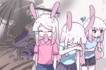  3girls animal_ears black_shorts black_skirt blue_shirt blue_skirt blunt_bangs blush broken_monitor broken_screen chair chibikki closed_eyes closed_mouth commentary computer_keyboard crying debris double-parted_bangs flying_sweatdrops furrowed_brow hand_on_own_face long_hair looking_to_the_side monitor moon_rabbit multiple_girls o3o open_mouth original parted_bangs pink_shirt prank puckered_lips rabbit_ears rabbit_girl red_eyes scary_maze_game shirt short_sleeves shorts skirt smoke standing twiddling_fingers very_long_hair wavy_mouth white_hair 