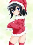  ass black_hair blue_eyes blush bottomless cowboy_shot hat himadarou marui_hitoha mitsudomoe santa_costume santa_hat short_hair sleeves_past_wrists solo thighhighs 