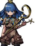 1girl absurdres black_thighhighs blue_eyes blue_hair brown_shirt brown_shorts commentary_request cowboy_shot earrings facial_mark gold_headband hair_ornament highres holding holding_scepter jewelry key_earrings legs_apart light_smile long_hair looking_at_viewer michigami_nareko piaki sanpaku scepter shirt shorts simple_background solo sphere_hair_ornament split_mouth standing thighhighs touhou triangle triangle_facial_mark usekh_collar white_background 