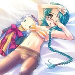  armpits artist_request blush braid crotch_seam doll glasses green_hair kaku_bunwa_(koihime_musou) koihime_musou lingerie one_eye_closed panties panties_under_pantyhose pantyhose solo thighband_pantyhose toutaku underwear 