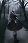 1girl absurdres beckoning black_capelet black_shirt black_shoes black_skirt black_socks blunt_bangs brown_eyes capelet center_frills closed_mouth commentary_request commission expressionless fingernails fog forest frilled_skirt frilled_socks frills full_body grass grey_trim hand_on_own_chest hand_up highres kneehighs long_hair long_sleeves looking_at_viewer looking_to_the_side maxine_poshon nature original outdoors outstretched_hand path reaching reaching_towards_viewer sakiika0513 shirt shoes skeb_commission skirt socks solo standing tree turning_head white_hair 