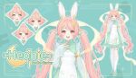  1girl animal_ears annimiao ao_dai blush bow bowtie commentary detached_sleeves english_commentary flower frilled_skirt frills hair_ornament heonie_bunny highres indie_virtual_youtuber long_hair lotus lotus_print multiple_expressions official_art open_mouth pink_hair rabbit_ears rabbit_girl reference_sheet sad second-party_source shoes skirt smile thighhighs twintails untranslatable_commentary vietnamese_clothes white_thighhighs yellow_eyes 