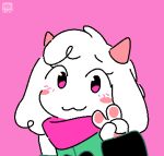 aliasing ambiguous_gender anthro arm_warmers armwear binary_drawing black_arm_warmers black_armwear black_clothing blush bovid caprine clothing darkner deltarune digital_drawing_(artwork) digital_media_(artwork) eyebrows floppy_ears gesture goat green_clothing hand_gesture head_tuft hi_res horn looking_at_viewer mammal pink_background pink_eyes pink_horn pink_scarf ralsei scarf simple_background simple_mouth solo trans_(lore) tuft undertale_(series) v_sign vertexxx watermark white_body white_ears