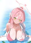  1girl absurdres ahoge bikini blue_archive bow braid breasts bright_pupils closed_mouth commentary dress_shirt green_eyes hair_bow halo hanako_(blue_archive) hanako_(swimsuit)_(blue_archive) highres hose large_breasts long_hair looking_at_viewer partially_submerged pink_bikini pink_hair pink_halo poolside see-through_clothes see-through_shirt shirt shirt_partially_removed side_braid smile solo swimsuit tilted_halo user_gesv5223 water wet wet_clothes wet_shirt white_bow white_pupils white_shirt 