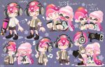  1boy 1girl beanie black_neckerchief black_shoes black_shorts buttons commentary_request drinking fangs grey_jacket gun happy hat headphones highres holding holding_gun holding_weapon hug inkling inkling_girl inkling_player_character jacket long_hair mohawk neckerchief necktie octoling octoling_boy octoling_player_character one_eye_closed pink_hair purple_background shirt shoes short_hair shorts splatoon_(series) splatoon_2 splattershot_jr._(splatoon) splattershot_pro_(splatoon) striped_clothes striped_necktie tentacle_hair translation_request twintails weapon weapon_request white_shirt yellow_eyes yoshishi_(yosisitoho) 