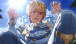  1010_mumumu 1boy ascot blonde_hair blue_sky blurry boots buttons character_request claw_pose cloud commentary_request depth_of_field double-breasted fang from_below gao gold_trim highres horns jewelry kakusei_hunter_omegahorn lens_flare looking_at_viewer looking_down male_focus open_mouth pants red_eyes ring shirt short_hair sky solo tokusatsu white_ascot white_boots white_pants white_shirt yellow_horns 