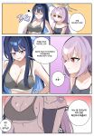  2girls absurdres atsuko_(blue_archive) bare_shoulders blue_archive blue_eyes blue_hair blue_halo breasts closed_eyes commentary_request erum_4066 halo highres korean_commentary korean_text large_breasts long_hair multiple_girls navel open_mouth purple_hair red_eyes saori_(blue_archive) small_breasts translation_request yuri 