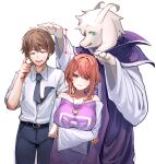  1girl 2boys alternate_breast_size_(larger) aqua_eyes asriel_dreemurr breasts brown_hair chara_(undertale) commentary_request frisk_(undertale) furry furry_male genderswap genderswap_(otf) genderswap_(otm) goat_horns height_difference horns large_breasts multiple_boys nnnutreu04 red_eyes robe short_hair undertale utdr_(toby_fox) 