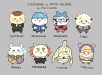  6+boys :3 animal animal_ears animalization archie_(pokemon) bear bear_boy blonde_hair blush character_name chibi chiikawa chiikawa_(character) chips_n_cookies clothed_animal clothed_pokemon commentary crossover cyrus_(pokemon) dress english_commentary english_text formal_clothes furry furry_male furuhonya ghetsis_(pokemon) giovanni_(pokemon) glasses grey_background hachiware_(chiikawa) hair_over_one_eye hamster hat highres horns jacket lion_boy looking_at_viewer lusamine_(pokemon) lysandre_(pokemon) maxie_(pokemon) momonga_(chiikawa) multiple_boys necktie no_humans pokemon pokemon_black_and_white pokemon_diamond/pearl/platinum pokemon_firered_and_leafgreen pokemon_legends:_arceus pokemon_omega_ruby_and_alpha_sapphire pokemon_sun_and_moon pokemon_x_and_y rakko_(chiikawa) scar scar_on_face shisa_(chiikawa) simple_background smile standing suit team_rocket volo_(pokemon) 