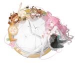  4girls angelina_(arknights) angelina_the_mellow_wish_(arknights) animal_ears arknights black_hairband brown_hair capelet carrot chibi chinese_commentary commentary_request food full_body hair_between_eyes hairband highres if_happiness_is_a_circle_(meme) jacinta_(arknights) long_hair looking_at_viewer lying meme mini_person minigirl multiple_girls on_side open_mouth pink_eyes pink_hair pizza rabbit_ears rabbit_girl raccoon_ears raccoon_girl smile thighhighs thumpy_(arknights) timeslot_(arknights) twintails white_capelet white_thighhighs wu_meng_bujian 