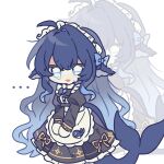  ... 1girl ahoge animal_ears apron black_bow black_dress blue_bow blue_hair bow bowtie chibi chinese_commentary commentary_request crying crying_with_eyes_open deepseek deepseek-tan dress fins fish_tail frilled_dress frills full_body gradient_hair hair_between_eyes hair_bow head_fins highres juliet_sleeves long_hair long_sleeves maid maid_apron maid_headdress monster_girl multicolored_hair nine_seven o_o open_mouth puffy_sleeves simple_background solo tail tears very_long_hair waist_apron white_apron white_background zoom_layer 