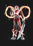  1boy absurdres armor armored_bodysuit black_bodysuit bodysuit character_mask chou_uchuu_keiji_gavan_infinity combat_helmet ddop_(gfga7577) dual_wielding energy energy_wings full_armor gavan_infinity gavan_infinity_r.e.d. gavarion_blade gavarion_trigger glowing glowing_eyes glowing_sword glowing_weapon helmet highres holding holding_sword holding_weapon male_focus mask multicolored_armor multiple_boys red_armor red_bodysuit red_eyes red_helmet science_fiction silver_armor spikes sword tokusatsu two-tone_armor weapon 