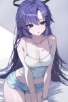  1girl absurdres alternate_costume bandaid bandaid_on_arm bare_arms bed_sheet black_halo blue_archive blue_eyes blue_shorts breasts camisole cleavage commentary cowboy_shot crop_top curtained_hair dolphin_shorts hair_ornament hairclip halo heart heart_hair_ornament highres indoors kkato large_breasts long_hair midriff navel open_mouth purple_hair short_shorts shorts sitting solo very_long_hair white_camisole yuuka_(blue_archive) 