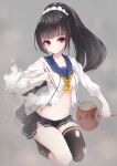  1girl bad_id bad_twitter_id black_hair black_skirt blue_sailor_collar blunt_bangs blush breasts burnt_clothes chopsticks commentary_request fire grey_background hand_fan holding holding_chopsticks isokaze_(kancolle) isokaze_(saury_festival)_(kancolle) kantai_collection kneeling laplusvv_(la+) long_hair long_sleeves looking_at_viewer miniskirt navel pleated_skirt ponytail red_eyes sailor_collar simple_background single_thighhigh skirt small_breasts smile solo stomach thighhighs torn_clothes torn_skirt very_long_hair 
