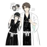  1boy 1girl @_@ aizen_sousuke bespectacled black_hair black_hakama bleach brown_hair bun_cover chibi chibi_inset closed_eyes commentary_request glasses hair_bun hakama haori highres hinamori_momo holding holding_removed_eyewear japanese_clothes korean_commentary korean_text ppang_(kk_o645) shihakusho single_hair_bun smile taichou_haori translation_request unworn_eyewear white_background white_haori 