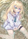  1girl belt belt_buckle black_belt blonde_hair buckle commentary_request day green_eyes hair_between_eyes hair_intakes hair_ornament heterochromia long_hair mementovanitas miri_(ago550421) open_mouth outdoors pleated_skirt purple_eyes riot_music sailor_collar school_uniform see-through_clothes see-through_shirt see-through_skirt serafuku shallow_water shirt sitting skirt solo thigh_belt thigh_strap two_side_up very_long_hair virtual_youtuber water wet wet_clothes wet_shirt wet_skirt white_sailor_collar white_serafuku white_shirt white_skirt 