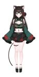  1girl absurdres animal_ear_fluff animal_ears aqua_eyes bare_legs bare_shoulders bead_necklace beads belt bilingual_commentary black_hair black_shoes black_skirt blush breasts cat_ears cat_girl cat_tail cleavage cleavage_cutout closed_mouth clothing_cutout commentary_request crop_top detached_sleeves eyeshadow flower_knot frilled_skirt frilled_sleeves frills full_body green_shirt hair_bun hair_ornament highres indie_virtual_youtuber jewelry korean_commentary large_breasts long_hair long_sleeves looking_at_viewer makeup midriff miniskirt mixed-language_commentary mole mole_on_breast mole_on_stomach mole_under_each_eye mole_under_eye multiple_moles necklace red_eyeshadow shirt shoes side_up_bun simple_background single_side_bun skirt sleeveless sleeveless_shirt sleeves_past_fingers sleeves_past_wrists smile solo stomach suisen_(suisenhwa) tachi-e tail tassel tassel_hair_ornament thigh_strap thighs virtual_youtuber white_background wide_sleeves zipper 