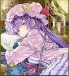  1girl bookshelf breasts candle candlestand closed_mouth commentary_request dress expressionless hat highres hugging_object jacket kisarush long_hair looking_at_viewer lying medium_breasts mob_cap on_side painting_(medium) patchouli_knowledge pillow pillow_hug pink_hat pink_jacket purple_eyes purple_hair solo striped_clothes striped_dress touhou traditional_media watercolor_(medium) 