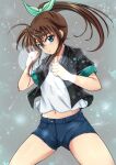  1girl ahoge black_jacket blue_eyes blue_shorts brown_hair clenched_hands commentary_request denim denim_shorts fighting_stance floating_hair fuka_reventon green_ribbon grey_background hair_between_eyes hair_ribbon high_ponytail highres jacket long_hair long_sidelocks looking_at_viewer lyrical_nanoha magic matcya_tounyu midriff_peek navel open_clothes open_jacket parted_lips ponytail ribbon shirt short_shorts short_sleeves shorts sidelocks simple_background solo sparkle standing upper_body v-shaped_eyebrows vivid_strike! white_shirt wispy_bangs 