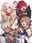  !? 2boys 2girls :d absurdres bare_shoulders black_dress black_jacket blue_bow blue_gem bow breasts bridal_gauntlets brown_hair cardigan closed_eyes collared_shirt commentary criss-cross_halter dress earrings elbow_gloves enu_gigi facing_to_the_side furen_e_lustario furen_e_lustario_(1st_costume) gem gloves grey_hair hair_between_eyes hair_bow hair_ornament hair_ribbon hairclip halter_dress halterneck hand_in_own_hair hands_up highres ibrahim_(1st_costume)_(nijisanji) ibrahim_(nijisanji) jacket jewelry large_breasts laughing lauren_iroas lauren_iroas_(1st_costume) long_hair long_sleeves looking_at_viewer meifu_(nijisanji) multiple_boys multiple_girls nijisanji open_mouth own_hands_together pectoral_cleavage pectorals pink_eyes pink_hair ponytail raised_inner_eyebrows red_bow red_hair ribbon shiina_yuika shiina_yuika_(1st_costume) shirt short_hair simple_background smile spoken_interrobang spoken_sweatdrop sweatdrop tearing_up triangle_earrings twitter_username v-neck v-shaped_eyebrows vambraces virtual_youtuber white_background white_dress white_gloves white_shirt 