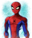  1boy animal_print aqua_background artist_name bilingual_commentary blue_bodysuit bodysuit commentary english_commentary looking_ahead male_focus marvel mask mixed-language_commentary mrpenzoom multicolored_bodysuit official_style pectorals print_bodysuit red_bodysuit red_mask signature solo spider-man spider-man_(original_suit) spider-man_(series) spider_print spider_web_background spider_web_print superhero_costume the_spectacular_spider-man toned toned_male two-tone_background two-tone_bodysuit upper_body white_background 
