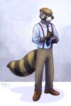 2016 accessory anthro artist_name beret bottomwear clothing colored digital_drawing_(artwork) digital_media_(artwork) eyewear flat_cap footwear fur glasses grey_body grey_fur hat headgear headwear looking_at_another male mammal necktie note_pad pants procyonid raccoon shaded shirt shoes solo suspenders tacorat text topwear url white_body white_fur