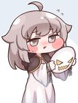  1girl ahoge black_capelet blush blush_stickers capelet chibi chibi_only commentary_request cuffs dress espi_(trickcal) flying_sweatdrops grey_eyes grey_hair highres holding holding_mask looking_at_viewer mask medium_hair shackles solo standing suwa_yasai sweatdrop trickcal unworn_mask white_dress 