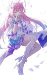 1girl absurdres aqua_hair breasts closed_eyes commentary cyrene_(demiurge)_(honkai:_star_rail) cyrene_(honkai:_star_rail) dress flower h2o_omizu hair_flower hair_ornament high_heels highres honkai:_star_rail honkai_(series) long_hair medium_breasts multicolored_hair pink_hair pointy_ears simple_background solo untranslatable_commentary very_long_hair white_background white_dress white_hair 