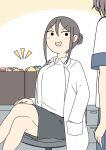  2girls :d black_bra black_panties blue_bra blue_panties blue_sailor_collar blue_skirt blush bra breasts brown_background brown_hair chair collared_shirt commentary_request crossed_legs dress_shirt feet_out_of_frame green_bra green_panties grey_skirt hair_bun juukyuu lab_coat long_sleeves medium_breasts multiple_girls notice_lines office_chair on_chair open_clothes original panties pink_panties pleated_skirt red_panties sailor_collar school_uniform serafuku shiho_(juukyuu) shirt short_sleeves sitting skirt small_sweatdrop smile solid_circle_eyes sweat swivel_chair two-tone_background underwear unworn_bra unworn_panties v-shaped_eyebrows white_background white_bra white_panties white_shirt yellow_bra yellow_panties 