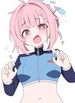  1girl ahoge alternate_breast_size_(smaller) blue_archive blue_halo blush breasts bright_pupils commentary_request flying_sweatdrops fukunao hair_intakes halo highres kokoro_(blue_archive) large_breasts medium_breasts navel open_mouth pink_eyes pink_hair short_hair solo white_pupils 