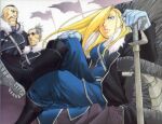  1girl 2boys amestris_military_uniform arakawa_hiromu baggy_pants black_boots black_coat black_hair blonde_hair blue_jacket blue_pants boots braid breasts buccaneer_(fma) chair coat cover cover_page crossed_legs dark-skinned_male dark_skin eyewear_on_head facial_hair flag fullmetal_alchemist fur-trimmed_coat fur_trim glasses gloves hair_over_one_eye highres jacket large_breasts lips long_hair manga_cover miles_(fma) military_uniform mohawk multiple_boys mustache official_art olivier_mira_armstrong on_chair pants parted_lips ponytail round_eyewear scan simple_background single_braid sunglasses sword tall_male teeth textless_version thick_lips third-party_source torn_flag very_long_braid weapon white_background white_gloves white_hair 