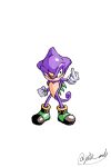  1boy absurdres artist_name black_eyes clenched_hand colored_skin commentary espio_the_chameleon full_body furry furry_male gloves highres horns jat0_art male_focus middle_finger purple_skin shell shoes signature simple_background single_horn solo sonic_(series) standing tail twitter_username white_background white_gloves 