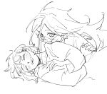  2girls alien_stage blush bob_cut closed_eyes collar glasses highres long_hair long_sleeves mizi_(alien_stage) multiple_girls nideaneng open_mouth short_hair sketch smile sua_(alien_stage) thick_eyebrows 