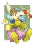  1boy akumesik animal_ears baggy_pants bandana blue_bandana brown_hair coin commentary_request dated ear_ribbon earrings furry furry_male grandia grandia_i green_background guido_(grandia) highres holding holding_coin jewelry long_sleeves mittens pants pink_pants rabbit_boy rabbit_ears rabbit_tail red_eyes shoes single_earring sweater tail white_mittens wide_sleeves yellow_shoes yellow_sweater 