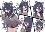  1girl animal_ear_fluff animal_ears black_hair black_sailor_collar black_shirt black_skirt brown_cardigan cardigan cat_ears cat_girl cat_tail commentary_request commission frilled_skirt frills hair_between_eyes heart heart-shaped_pupils highres long_hair long_sleeves multiple_expressions neckerchief original red_eyes sailor_collar school_uniform shirt skeb_commission skirt squeans symbol-shaped_pupils tail white_background white_neckerchief zenshin 