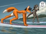 2025 3_toes 5_toes all_fours anthro barefoot biped black_hair breasts canid canine claws cloud dialogue digital_drawing_(artwork) digital_media_(artwork) dipstick_tail duo english_text fangs feet female fingers fox fur grey_body grey_fur grey_tail hair hi_res humanoid_feet mammal markings mustelid mykegreywolf nat_(mykegreywolf) navel nipples nude orange_body orange_fur orange_tail otter outside paws plantigrade sea side_view sky speech_bubble standing surfboard surfing tail tail_markings teeth text toe_claws toes water