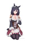  1girl absurdres animal_ears black_hair black_thighhighs blue_eyes blush bob_cut bodice breasts choker cleavage closed_mouth commentary detached_sleeves dirndl ear_ornament ear_scrunchie earthmusic40258 eishin_flash_(meisterschaft)_(umamusume) eishin_flash_(umamusume) german_clothes hair_between_eyes highres horse_ears horse_girl horse_tail large_breasts looking_at_viewer red_choker scrunchie short_hair skirt smile solo striped_clothes striped_skirt swept_bangs tail thighhighs umamusume vertical-striped_clothes vertical-striped_skirt white_scrunchie 