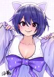 1girl absurdres animal_ear_hairband animal_ears aogiri_koukou breasts cat_ear_hairband cat_ears cleavage commentary_request fake_animal_ears hairband heart heart-shaped_pupils highres large_breasts light_blush otodama_tamako pajamas purple_background purple_hair purple_pajamas red_eyes short_hair signature sleeves_past_wrists smile solo souryu sweat symbol-shaped_pupils translation_request v-shaped_eyebrows wall_of_text wavy_mouth 