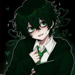  1boy bags_under_eyes bandage_on_cheek bandaid bandaid_on_cheek bandaid_on_face black_hair black_jacket black_nails blush collared_shirt curled_fingers degrees_of_lewdity double-parted_bangs green_eyes green_necktie hair_between_eyes hand_up highres holding holding_notebook hood hood_down hooded_jacket jacket kylar_(degrees_of_lewdity) kylar_(male)_(degrees_of_lewdity) looking_to_the_side male_focus necktie notebook open_clothes open_jacket outline portrait raised_inner_eyebrows shirt short_hair simple_background smile solo sparkle valentinex_art white_outline white_shirt 