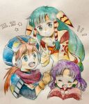  1boy 2girls black_shirt blue_eyes blue_hat blue_shirt capelet closed_eyes closed_mouth commentary_request crop_top curtained_hair dated earrings feena_(grandia) goggles goggles_on_head grandia grandia_i green_eyes green_hair hair_ornament hair_tubes hat highres jewelry justin_(grandia) kii_iro layered_sleeves long_hair long_sleeves low-tied_long_hair multiple_girls off-shoulder_shirt off_shoulder open_mouth orange_hair orange_shirt painting_(medium) pendant pink_capelet purple_hair red_scarf red_trim scarf shirt short_over_long_sleeves short_sleeves smile sphere_earrings sue_(grandia) traditional_media v watercolor_(medium) white_sleeves wide_sleeves 