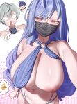  1boy 2girls absurdres alternate_breast_size_(larger) belle_(zenless_zone_zero) blue_hair breasts brother_and_sister commentary drill_hair grey_hair highres holding holding_knife huge_breasts huynh knife large_areolae lipstick_mark lipstick_mark_on_shoulder long_hair mask mouth_mask multiple_girls navel nipples one_breast_out phone pointy_ears purple_eyes purple_hair siblings stomach v very_long_hair vivian_banshee wise_(zenless_zone_zero) zenless_zone_zero 