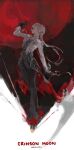  arlecchino_(genshin_impact) black_eyes black_hair black_hands black_streaks coat coattails colored_extremities commentary crimson_moon's_semblance_(genshin_impact) fingernail_gloves genshin_impact highres holding holding_scythe holding_weapon moon multicolored_hair red_moon red_pupils scythe streaked_hair symbol-shaped_pupils tailcoat twitter_username two-tone_hair usermich3lll weapon white_coat white_hair x-shaped_pupils 