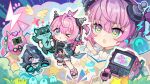  >_o +_+ 2girls ahoge animal belt chinese_commentary commentary_request ghost_girl gou_lianlian_dogface green_eyes hair_between_eyes headphones highres holding holding_animal lightning_ahoge lightning_bolt_symbol linko_(nte) medium_hair multiple_girls neverness_to_everness one_eye_closed pink_hair shirt short_shorts shorts star_(symbol) tamagotchi_(virtual_pet) thigh_belt thigh_strap tied_shirt virtual_pet_(toy) xiaozhen_(nte) 