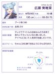  1girl :d anime_coloring black_jacket blue_hair character_age character_name character_profile collarbone dot_nose double-parted_bangs double_bun flipped_hair furigana graph hair_bun height hexagon hirose_miina jacket long_hair long_sleeves looking_at_viewer official_art open_mouth outstretched_arm partially_translated polka_dot polka_dot_shirt portrait purple_shirt radar_chart second-party_source shine_post shirt sidelocks smile solo teeth three_sizes translation_request upper_teeth_only yellow_eyes 