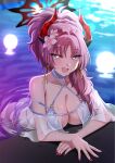  1girl ass bare_shoulders bikini blue_archive braid braided_base breasts brown_eyes choker cleavage collarbone commentary_request cosplay demon_horns fang flower hair_flower hair_ornament halo heart heart-shaped_pupils highres horns large_breasts long_hair looking_at_viewer makoto_(blue_archive) makoto_(blue_archive)_(cosplay) makoto_(swimsuit)_(blue_archive) open_mouth partially_submerged pink_hair ponytail ponytail_with_braided_base red_halo satsuki_(blue_archive) satsuki_(swimsuit)_(blue_archive) smile solo swimsuit symbol-shaped_pupils wavy_hair white_bikini zon6inu 
