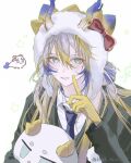  1girl alternate_costume arknights black_jacket blonde_streaks blue_necktie blue_streaks bow character_doll collared_shirt colored_extremities colored_skin commentary doll dragon_bean_(arknights) dragon_girl dragon_horns formal_clothes green_eyes grey_hair hair_between_eyes hair_bow hand_up highres holding holding_stuffed_toy horns horns_through_headwear index_finger_raised jacket krgk_sc2 layered_sleeves long_hair long_sleeves looking_at_viewer multicolored_hair necktie parted_lips red_bow shirt shu_(arknights) simple_background solo streaked_hair stuffed_toy suit_jacket twitter_username untranslatable_commentary upper_body white_background white_shirt yellow_skin 